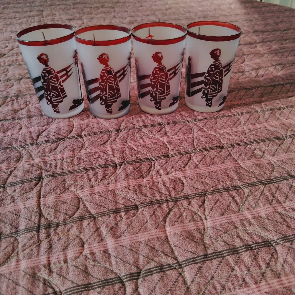 4 Vintage MCM Noritake Frosted Ruby Red Drinking Glasses Barware Bar